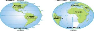 Two maps side by side. The left map  shows North and South America and the lines of latitude. The right map shows South America, Africa, Europe and a bit of Asia along with the lines of longitude. 