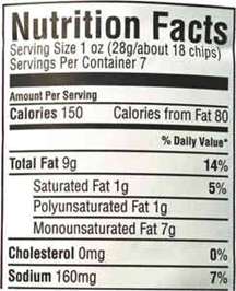 An example of a nutrition label for chips.