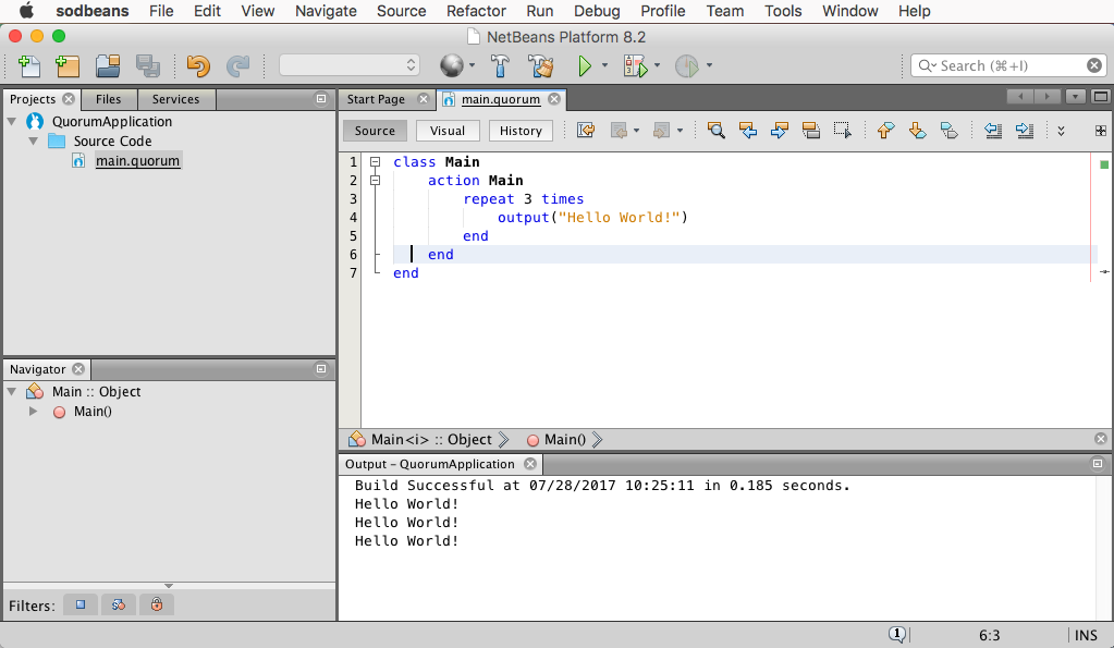 This screenshot shows a simple Quorum program that repeats “Hello World” three times when executed.