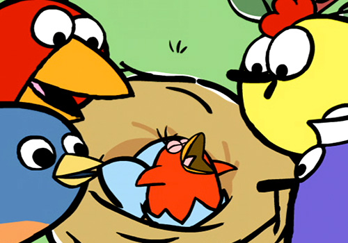 An Image of Peep and Chirp and a cartoon bird looking in a nest where a baby bird has hatched.