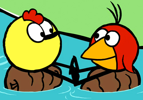 An image of Peep and Chirp sitting down facing each other with their feet touching.