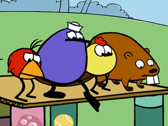 An image of Peep, Quack, Chirp and a beaver standing together and looking down.