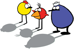 An image of Peep, Chirp and Quack standing together and looking at their shadows.