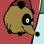 An image of a cartoon raccoon poking its head out from a hole in a tree.