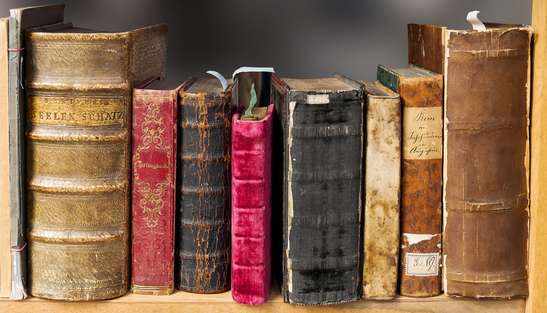 A photograph of old leather bound books on a bookshelf.