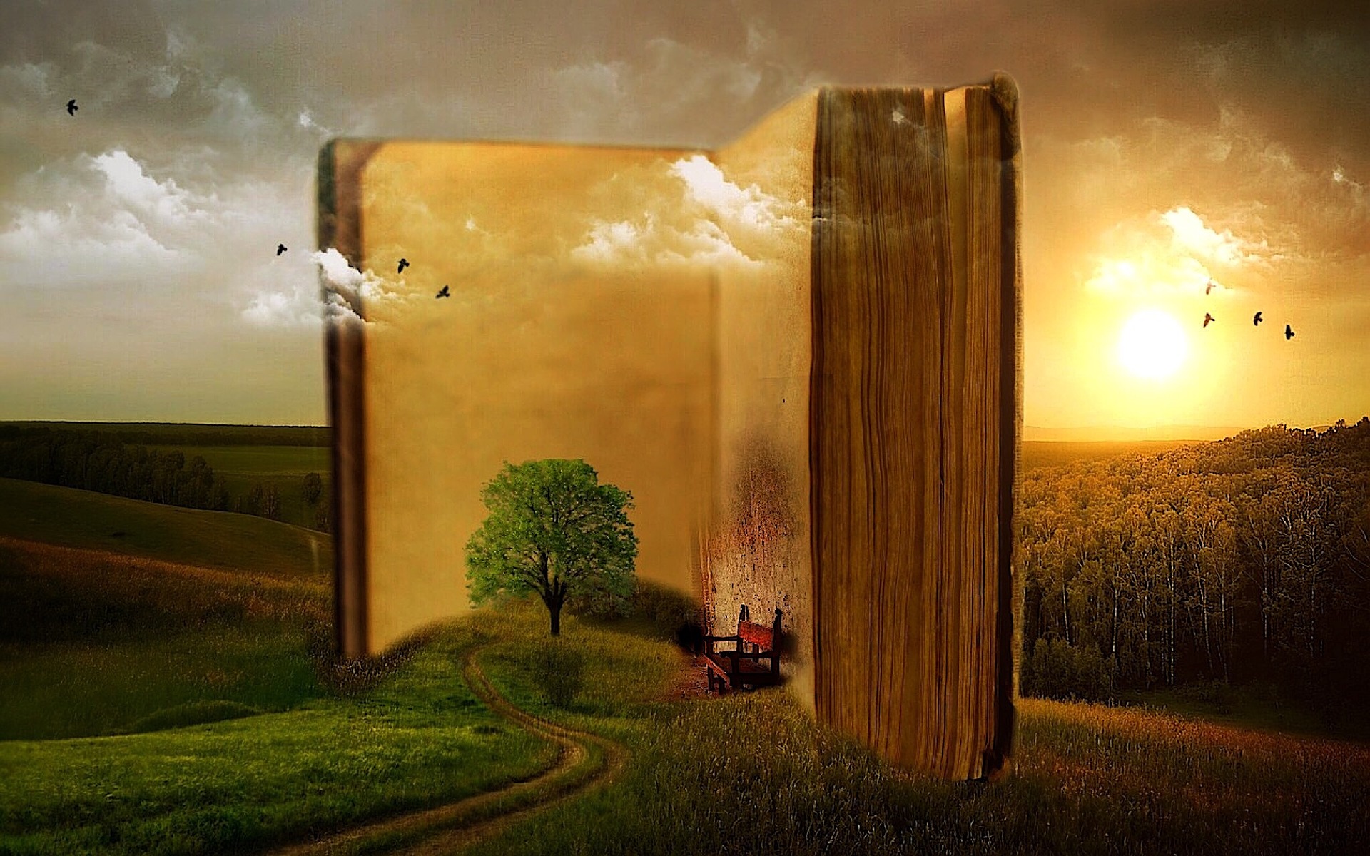 An illustration of a giant book standing open with a hill and tree landscape coming out of it.