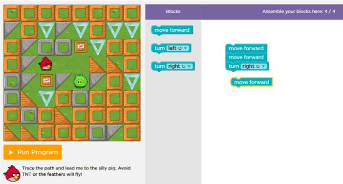 Screen shot showing the three parts of the Code.org programming environment: output, tool box, and work space. The output is a maze for and bird to follow and avoid obstacles. The tool box has the program elements that can be used such as "move forward" and "turn right". The work space is where the program elements are put together to form a program that the bird is to follow.