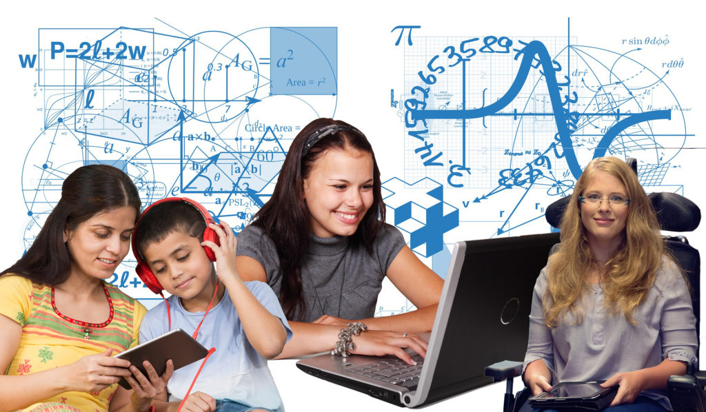 A diverse set of students using tablets and a laptop computer with a number of equations and graphs in the background.