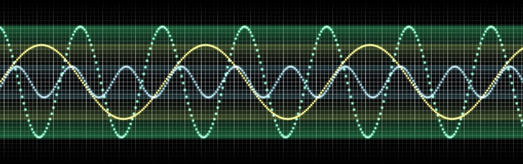 Three sign waves of various amplitudes and frequencies.