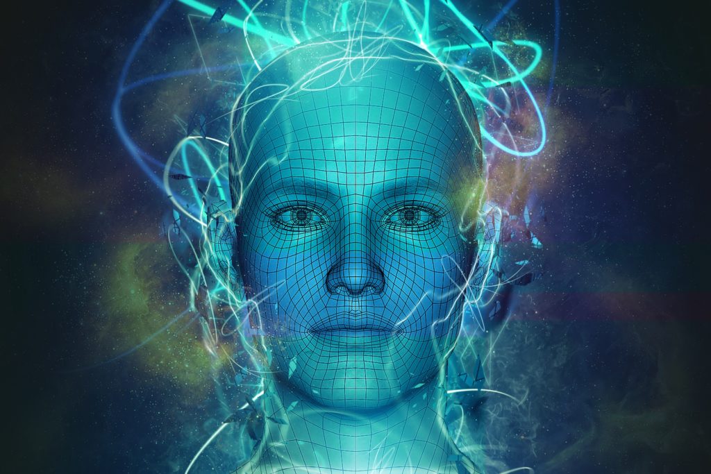Digitized human face with what looks to be stars behind and random blue and white random lines surrounding the face.
