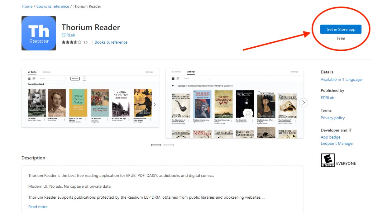 Screenshot: Thorium Reader in Windows App Store, with a red arrow pointing to a red circle with the button "Get in Store app"