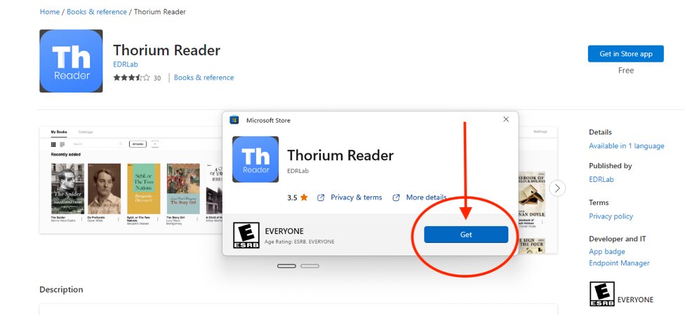 Screenshot: Thorium Reader - red arrow pointing to the "Get" button with a red circle around the button.