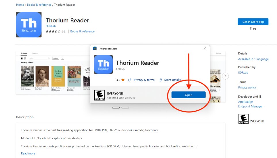 Screenshot: Thorium Reader popup dialog with a red arrow pointing to a "Open" button within a red circle