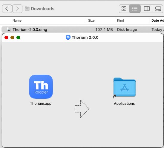 Screenshot: Downloads Folder in Finder, with the Thorium 2.0.0 installer dialog showing the Thorium app with an arrow pointing to the Applications folder.