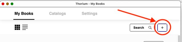 Screenshot of the Thorium application with a red arrow pointing to a red circle on the right side with a plus sign icon button.