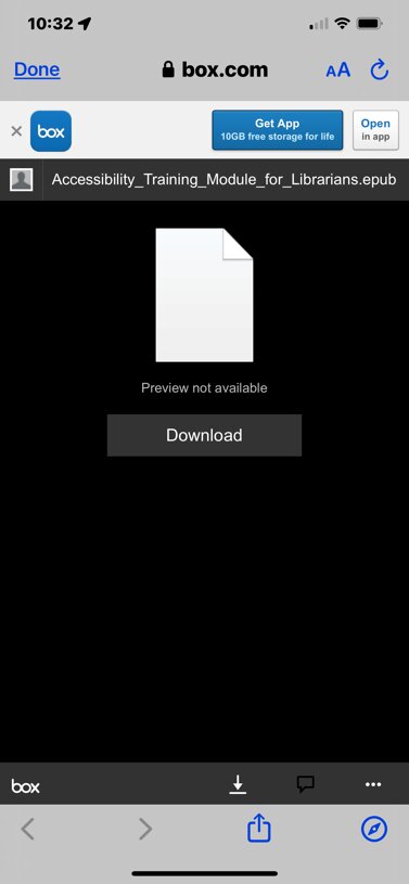 iPhone Screenshot: "Preview Not Available" "Download" Accessible_Training_Module_for_Librarians.ebub