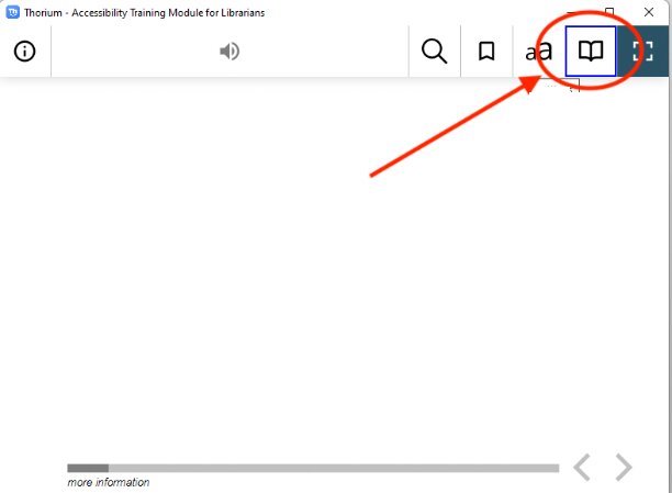 Screenshot: Thorium Reader with a red arrow and circle highlighting the Navigation menu book icon 