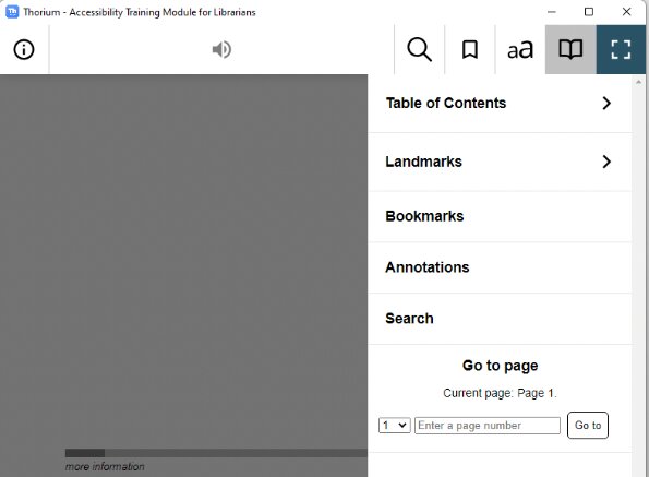 Screenshot: Thorium Reader Navigation menu open, showing Table of contents, Landmarks, Bookmarks, Annotations, Search and Go to page options