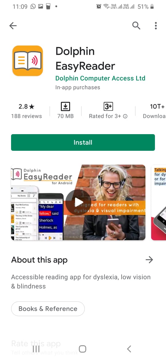 Screen shot: Dolphin Easy Reader app page on Play Store, with a big green Install button.