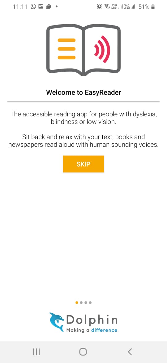 Screenshot: Welcome page of Dolphin Easy Reader, with a big yellow "Skip" button