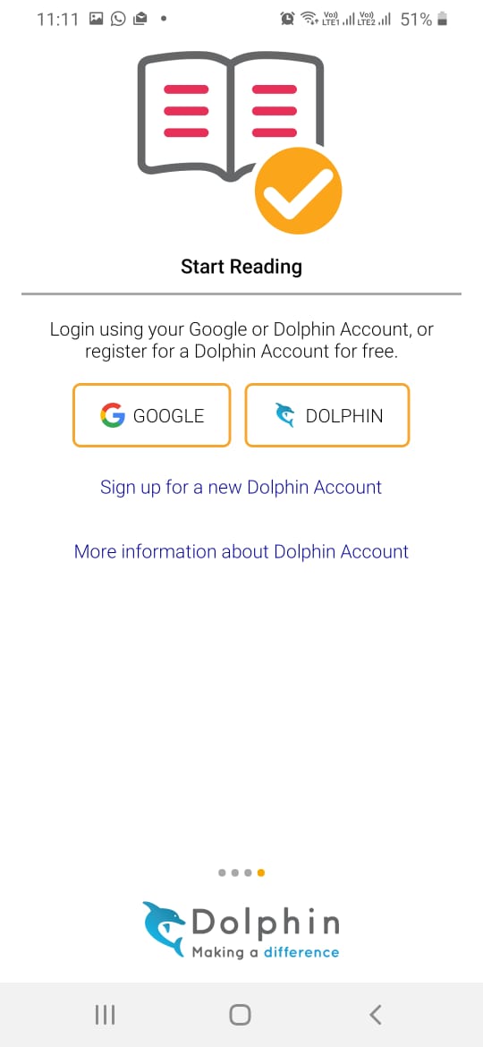 Screenshot: Login page on Dolphin Easy Reader for creating a Dolphin account. Two large buttons for Google or Dolphin are available